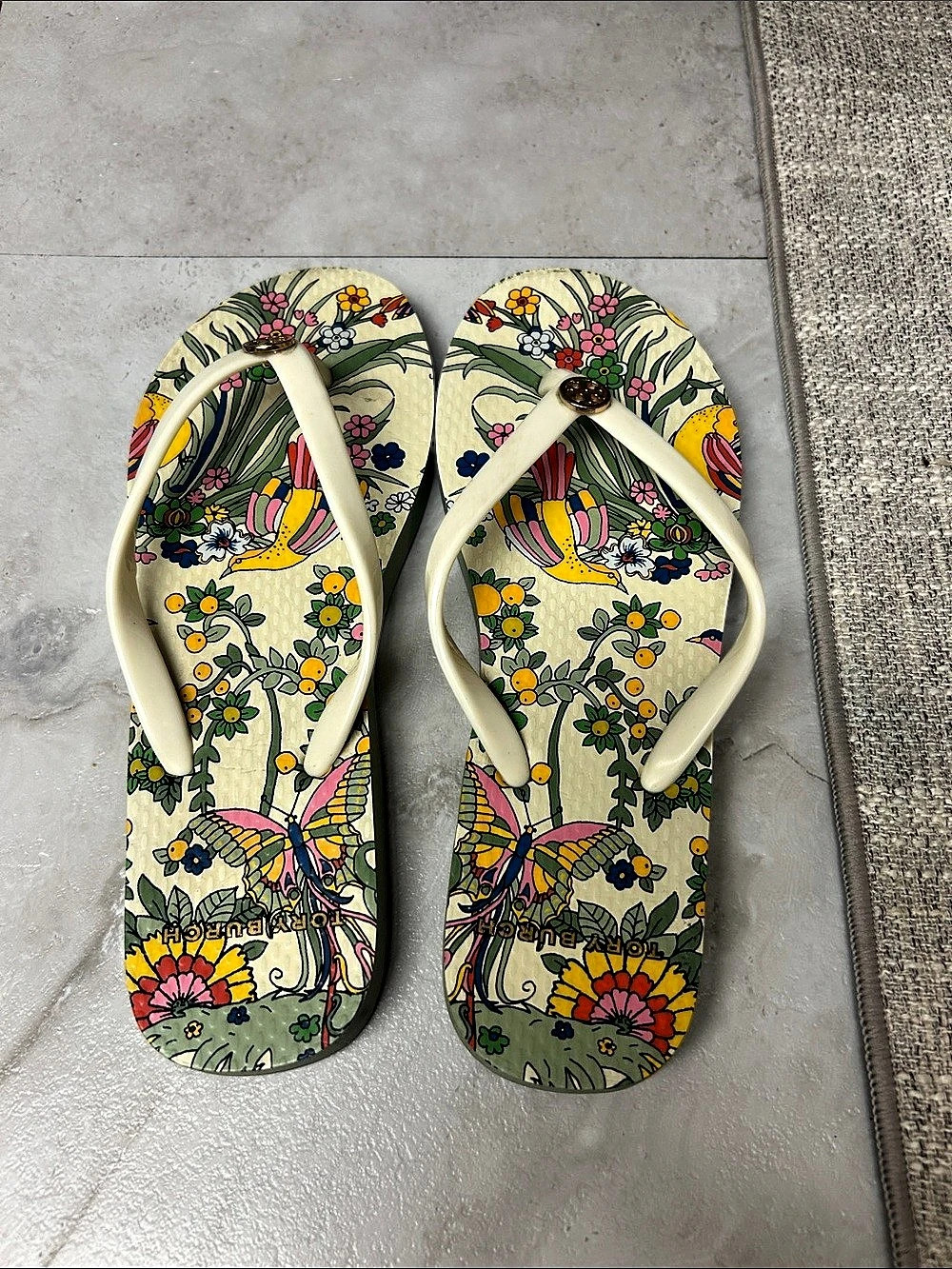 Tory Burch Floral Flip Flop Sandals Green & White